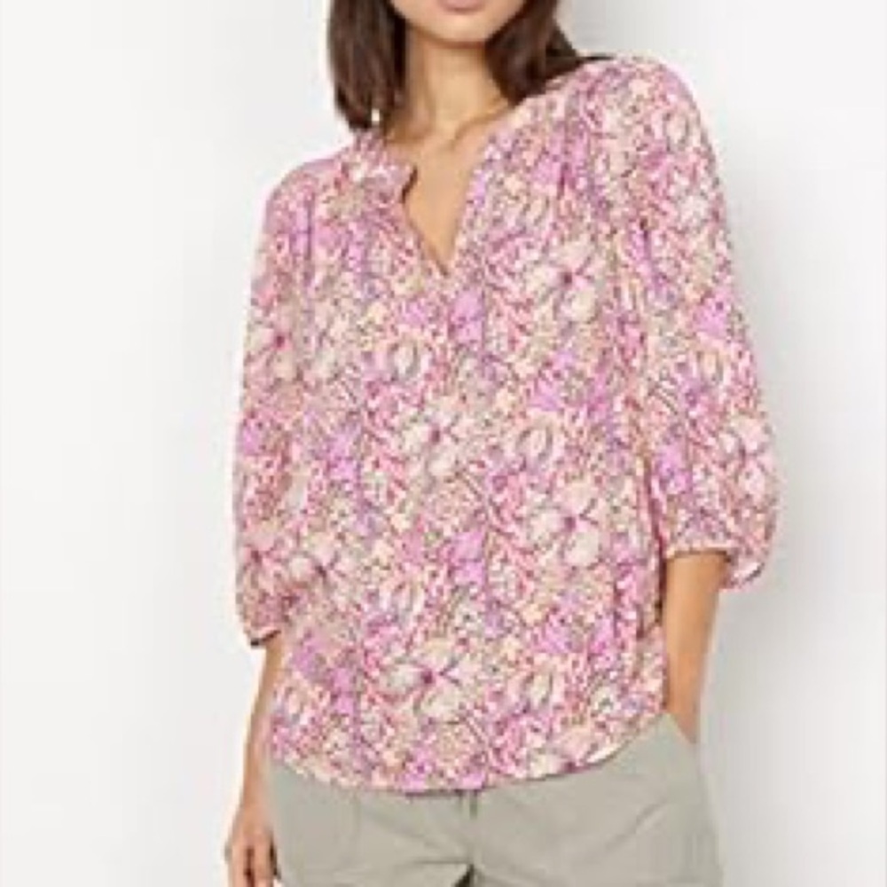 Soya Concept Women’s 3/4 Sleeve Partial Button Placket Gathered Neck Floral Top